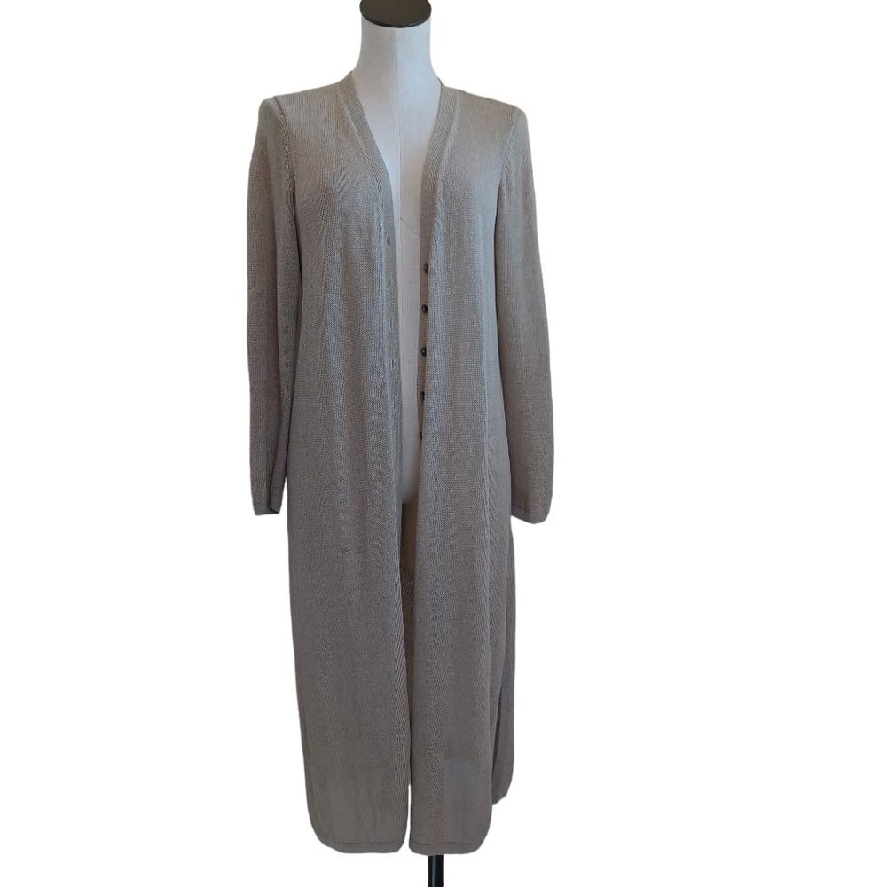 J Jill‎ Oatmeal Beige Knit Longline Duster Cardigan Button Front Side Slits Maxi